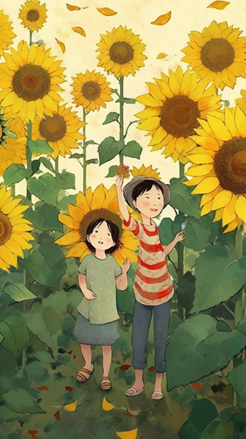 在向日葵花田里游玩的同学手绘插画,插画/手绘图,插画/手绘图库,插画/手绘图下载,插画/手绘